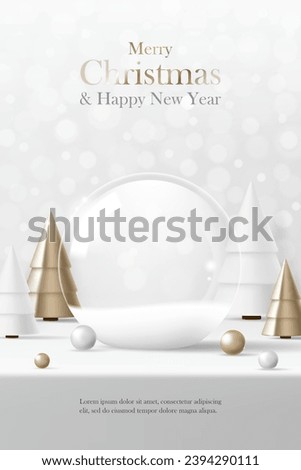 3D Vector Merry Christmas product display podium banner. Empty glass snow ball with gold tree on white background. Luxury modern minimal style, decoration party, promotion sale, social media post