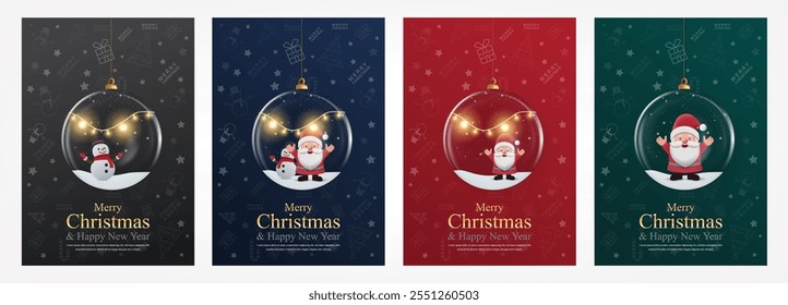 3D Vector Merry Christmas set  product podium banner. Glass snow ball, snowman, Santa, snowflake. Luxury modern minimal decoration party, greeting card, promotion sale, social media post