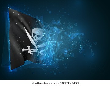 3d vector mesh flag of a pirate skull on a black, virtual abstract 3D object from triangular polygons on a blue background