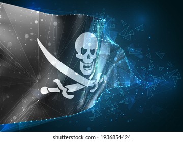 Bandera de malla vectorial 3d de un cráneo pirata sobre un objeto 3D abstracto negro y virtual de polígonos triangulares sobre un fondo azul