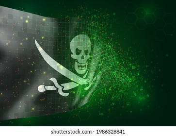 3d vector mesh flag of a pirate skull on a black background with polygons and data numbers