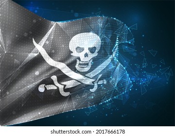 Bandera de malla vectorial 3d de un cráneo pirata sobre un objeto 3D abstracto negro y virtual de polígonos triangulares sobre un fondo azul