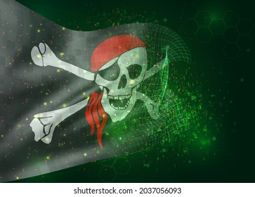 3d bandera de malla vectorial de un cráneo pirata sobre un fondo negro con polígonos y números de datos