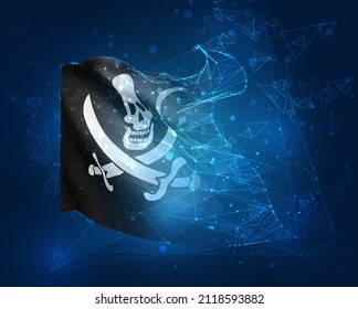 3d vector mesh flag of a pirate skull on a black, virtual abstract 3D object from triangular polygons on a blue background