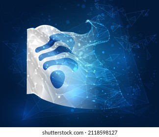 3d vector mesh flag of wi-fi wave, virtual abstract 3D object from triangular polygons on a blue background