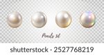 3d vector mesh pearl beads isolated on transparent background. Different shades pearls, rose oyster, holographic white pearl. Glossy metallic jewelry balls