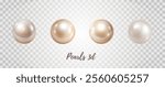 3d vector mesh pearl beads isolated on transparent background. Different shades pearls, rose oyster, holographic white pearl. Glossy metallic jewelry balls