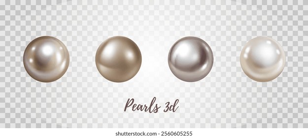 3d vector mesh pearl beads isolated on transparent background. Different shades pearls, rose oyster, holographic white pearl, metallic, brown. Glossy metallic jewelry balls