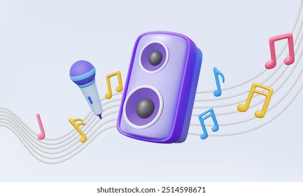 3D vector Microphone with speaker portable sing karaoke music notes colorful wave line key melody sound party entertainment mini concert banner concept on pastel background. Eps 10 vector. 3d render.