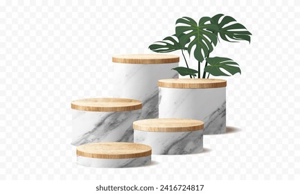 3d vector minimal scene with wood and marble podium. Empty pedestal platform for award, product presentation