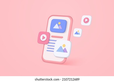 3D vector minimal social media with video and photo gallery on mobile application and mobile phone 3d render, user interface optimization for banner and website. Image 3d render on pink background 