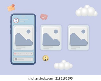 3D Vector Minimal Social Media With Photo Gallery On Mobile Application And Mobile Phone 3d Render, User Interface Optimization For Banner And Website. Image 3d Render 