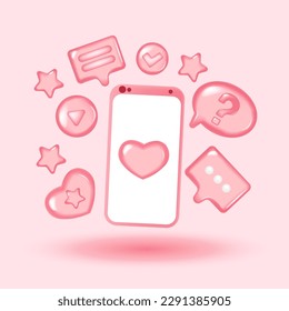 3D vector minimal social media with video and photo gallery on mobile phone, product photo optimization for 3d mobile phone concept. Image 3d display with device smartphone