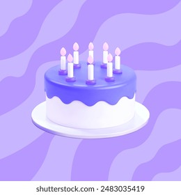 3d vector minimalism illustration Purple Icing Birthday Cake With Pink Candles On Purple Wavy Background.