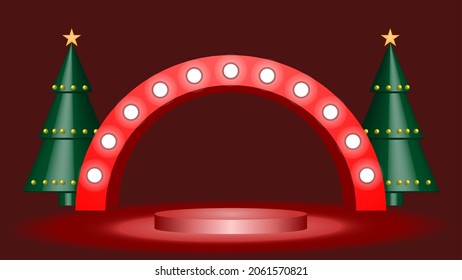 3d vector minimalist display podium with christmas trees and light in dark room