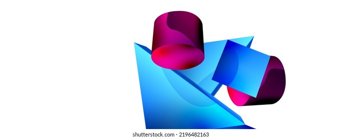 3d vector minimalist geometric abstract background. Triangle, cylinder, pyramid basic shape composition. Trendy techno business template for wallpaper, banner, background or landing