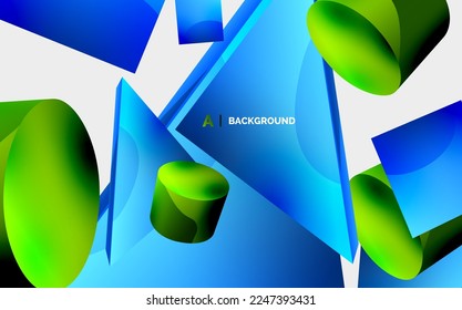 3d vector minimalist geometric abstract background. Triangle, cylinder, pyramid basic shape composition. Trendy techno business template for wallpaper, banner, background or landing