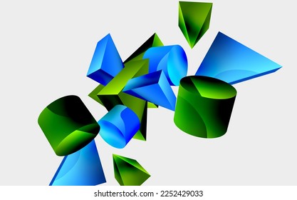 3d vector minimalist geometric abstract background. Triangle, cylinder, pyramid basic shape composition. Trendy techno business template for wallpaper, banner, background or landing