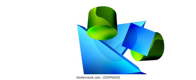 3d vector minimalist geometric abstract background. Triangle, cylinder, pyramid basic shape composition. Trendy techno business template for wallpaper, banner, background or landing