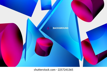 3d vector minimalist geometric abstract background. Triangle, cylinder, pyramid basic shape composition. Trendy techno business template for wallpaper, banner, background or landing