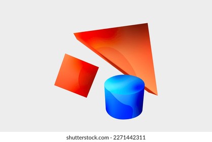 3d vector minimalist geometric abstract background. Triangle, cylinder, pyramid basic shape composition. Trendy techno business template for wallpaper, banner, background or landing