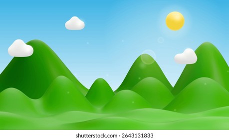 3D Vector Minimalist Illustration of Green Hills and Blue Sky