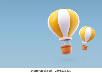 3d Vector A minimalistic 3D hot air balloon icon in yellow and white, symbolizing travel, adventure, and exploration against a soft blue sky. Eps 10 Vector.