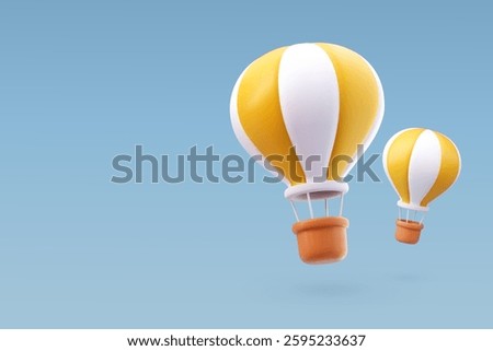 3d Vector A minimalistic 3D hot air balloon icon in yellow and white, symbolizing travel, adventure, and exploration against a soft blue sky. Eps 10 Vector.