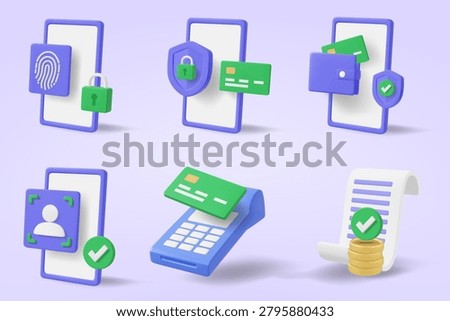3d vector mobile banking security icon set with smartphone biometric finger scan, face id login, protective shield, wallet, credit card, pos terminal, receipt bill (Non-AI: 3D Render Ref - Manual Vector)