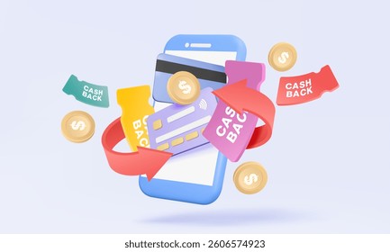 3D vector Mobile phone with Arrow return, credit card, code discount coupons cashback coins money transfer business Shop online refund marketing profitable shopping concept. 3d rendering illustration.