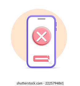 3d teléfono móvil vectorial con botón de notificación cruzada, cancelar, error, cerrar, símbolo de salida en la pantalla del smartphone. Concepto de representación plástica de dibujos animados de borrar, error, cerrar y salir de la aplicación. 