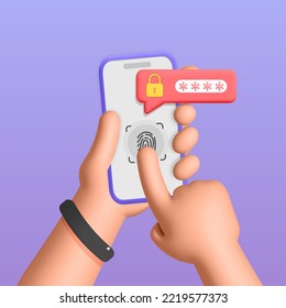 3d vector mobile security id authentication with fingerprint scan on Mobile app web banner design. Cartoon render Female hands hold Smartphone, touch screen device. Password required, user interface.