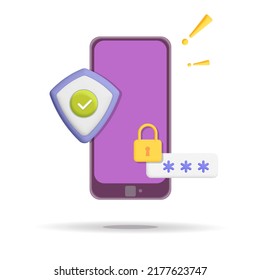 3d vector Mobile security web banner design. Smartphone with secure shield and padlock and password, internet connection protection and app privacy concept illustration.