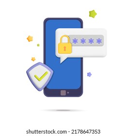 3d vector Mobile security web banner design. Smartphone with secure shield and padlock and password, internet connection protection , safe registration and secure user interface concept illustration.