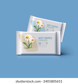 3d vector mock up for wet wipes pouch or pack chamomile scent, 3d render flower illustration