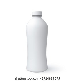 3D vector mock up of yogurt, juice or milk drink products package. Realistic white round plastic bottle with screw-on lid. Dairy beverage product container template design for visual presentation