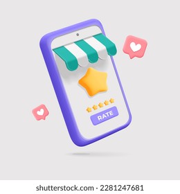 3d elemento de mockup vectorial smartphone con awning para la revisión de cliente de compras online icono de diseño de plantilla de comentarios. Representación de dibujos animados elegir y obtener el concepto de cinco estrellas.