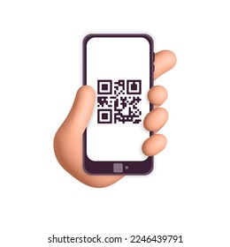 3d vector mockup female hand holds smartphone with scans qr code on mobile app. Cartoon plastic render for online payment, money transaction, verification service isolated on white background. 