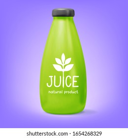 3d vector mockup of plastic realistic green bottle with juice and shadow on purple background. Packaging mockup template design of bottle with a cap for fluid product