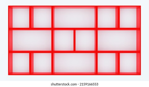 3D vector mockup of red empty cabinet with shelves on white wall. Kitchen furniture or bookshelf for office and home. Shop, gallery showcase. Blank retail storage space. Interior design furniture