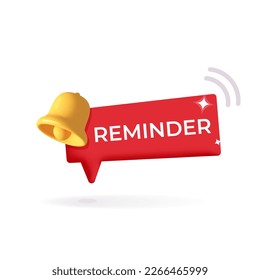 3d vector mockup reminder or new notification window label badge with yellow bell symbol illustration. Web design element, webpage development, online advertising, calendar, event, email concept.