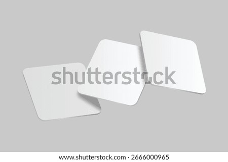 3D vector mockup of square blank beer coasters, isolated on background. Empty coaster lying for branding, pub, bar, restaurant, cafe, drinkware, bottle, can, cup holder and promotional product design