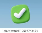 3d Vector A modern 3D checkmark icon on a green rounded square, symbolizing success, approval, and confirmation. Perfect for UI UX, business, and task completion visuals.