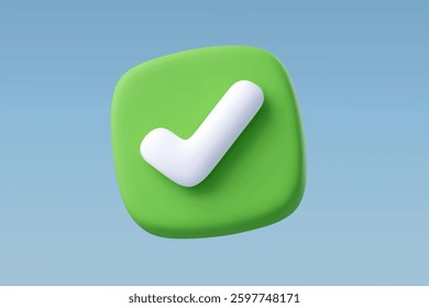 3d Vector A modern 3D checkmark icon on a green rounded square, symbolizing success, approval, and confirmation. Perfect for UI UX, business, and task completion visuals.
