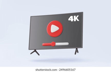 3D-Vektor modernes Fernsehen realistische Icon-Bildschirm spielt Video 4K schwebend auf pastellfarbenem Hintergrund. Monitor-Display Wireless-Medienverbindung, Internet-Unterhaltung Streaming, Eps 10 Vektor. 3D-Illustration