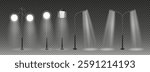 3d vector Modern and vintage city street lights row working at night. Urban electrical lightning system. Glowing retro lampposts.