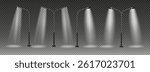 3d vector Modern and vintage city street lights row working at night. Urban electrical lightning system. Glowing retro lampposts