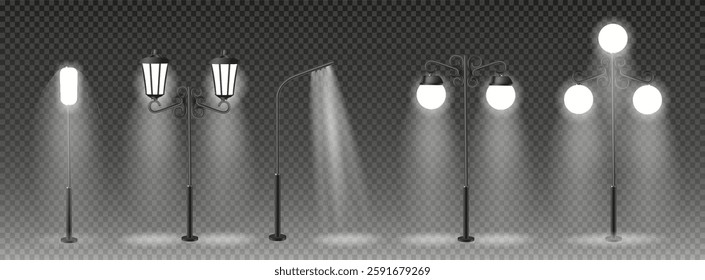 3d vector Modern and vintage city street lights row working at night. Urban electrical lightning system. Glowing retro lampposts