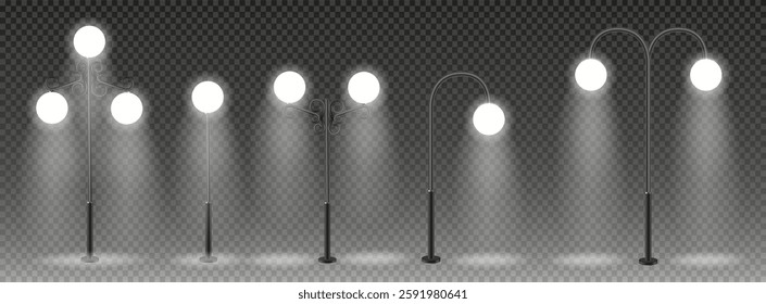 3d vector Modern and vintage city street lights row working at night. Urban electrical lightning system. Glowing retro lampposts