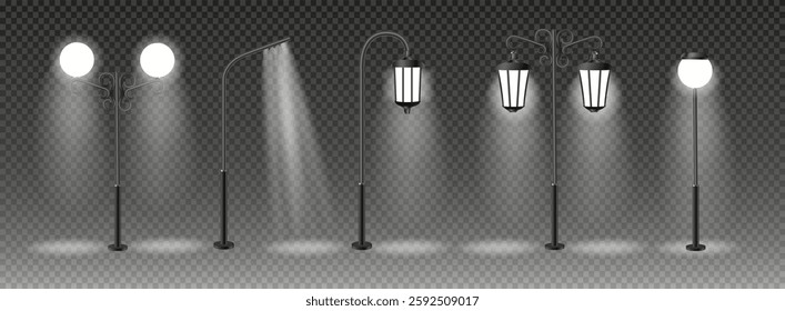 3d vector Modern and vintage city street lights row working at night. Urban electrical lightning system. Glowing retro lampposts